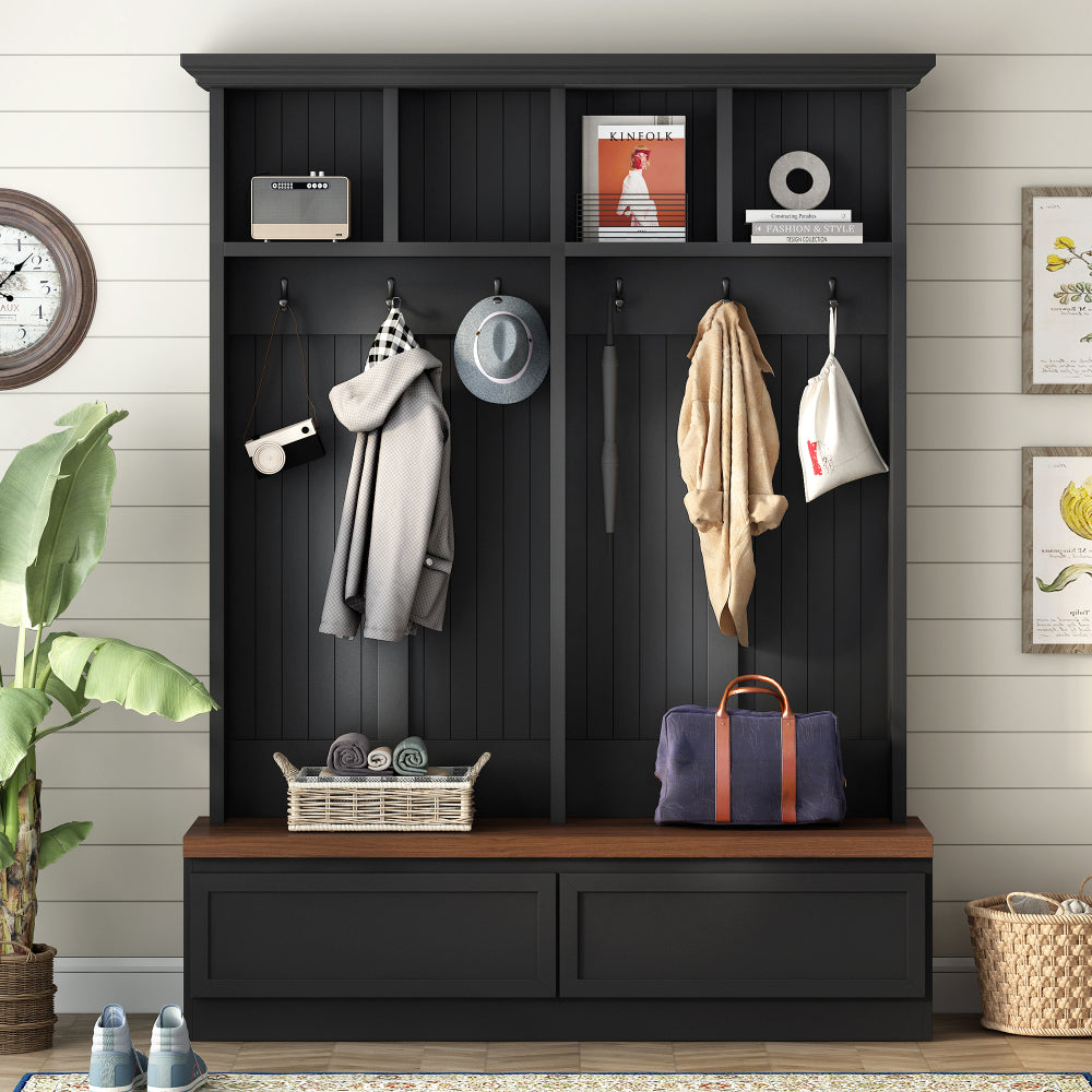 [Assembly Video] Farmhouse  4-in-1 Hall Tree with Wood Grain Bench, Mudroom Versatile Coat Rack with 2 Large Drawer, Large Entrance Organizer with 6 Black Hooks for Hallway, Living Room, Black, 55.9"W