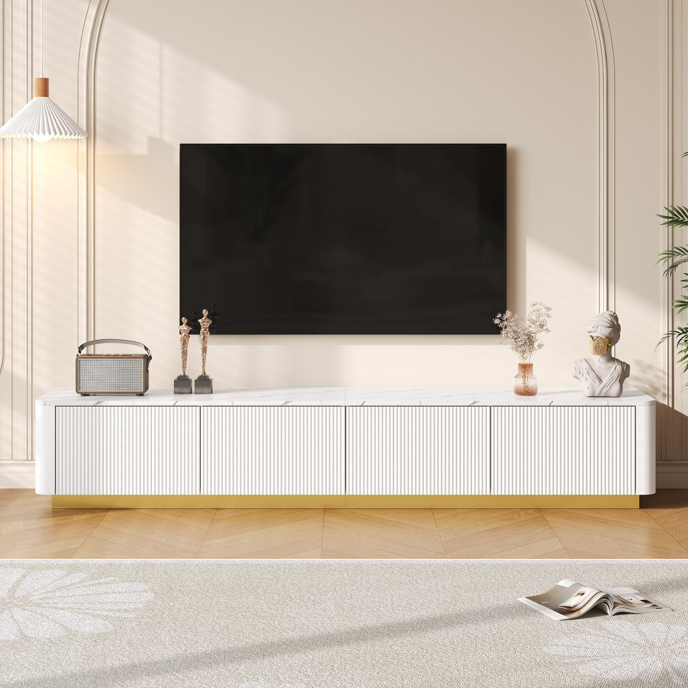 ON-TREND TV Stand with Fluted tempered Glass Doors for TVs Up to 95'', Functional Media Console with Arched Cabinet Doors, Entertainment Center with APP-Controlled LED Light for Living Room, Black