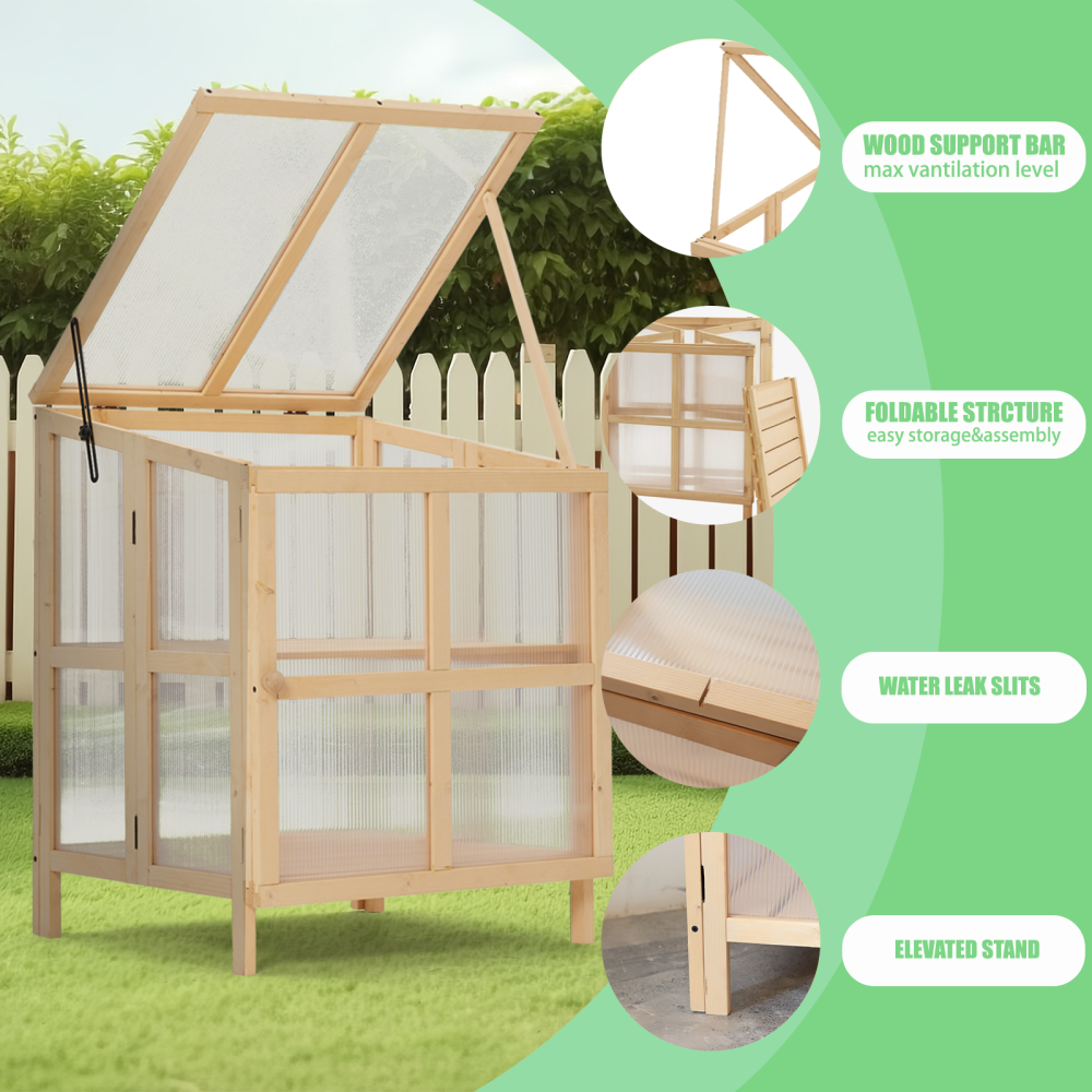 2 Tier Foldable Cold Frame Greenhouse, Portable Wooden Greenhouse Garden Cold Frame Raised Planter Box with Shelves