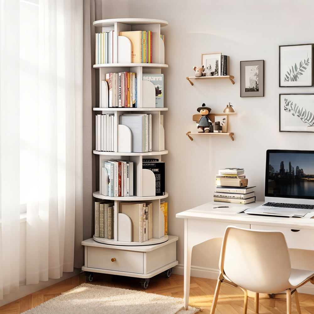 6 Tier Rotating Bookshelf, 360° Display Round Spinning Bookshelf with Wheels and Drawer, Space-Saving, Small Space Rotating Bookshelf Tower for Bedroom, Living Room, Home, Office, Wood Color