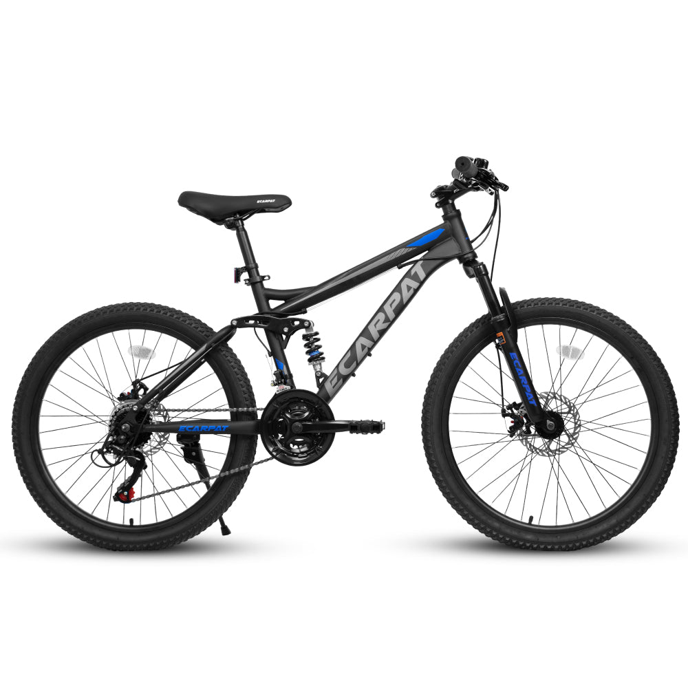 A2460 24 Inch Mountain Bike with Full Suspension, 21 Speed Shifter Lever with Gear Indicator, High Carbon Steel Frame, Mechanical Disc Brakes, Unisex for Men/Women/ Adults, Ideal for Trails.