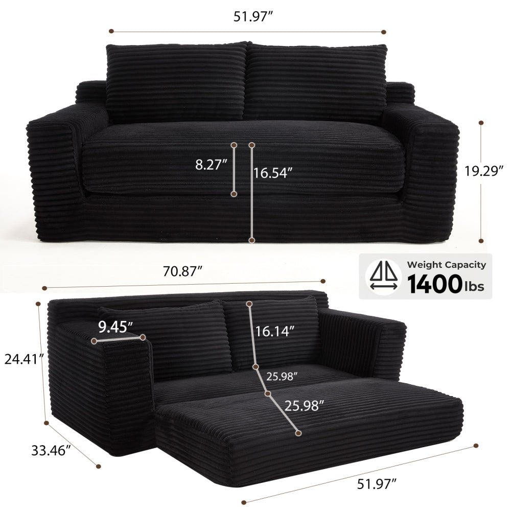 Memory foam L-shaped compression sofa for living room - No Assembly, Convertible 2-in-1 Design, Corduroy Fabric - Compact Couch for Small Spaces, Apartments, Home Office & Bedroom (Black)
