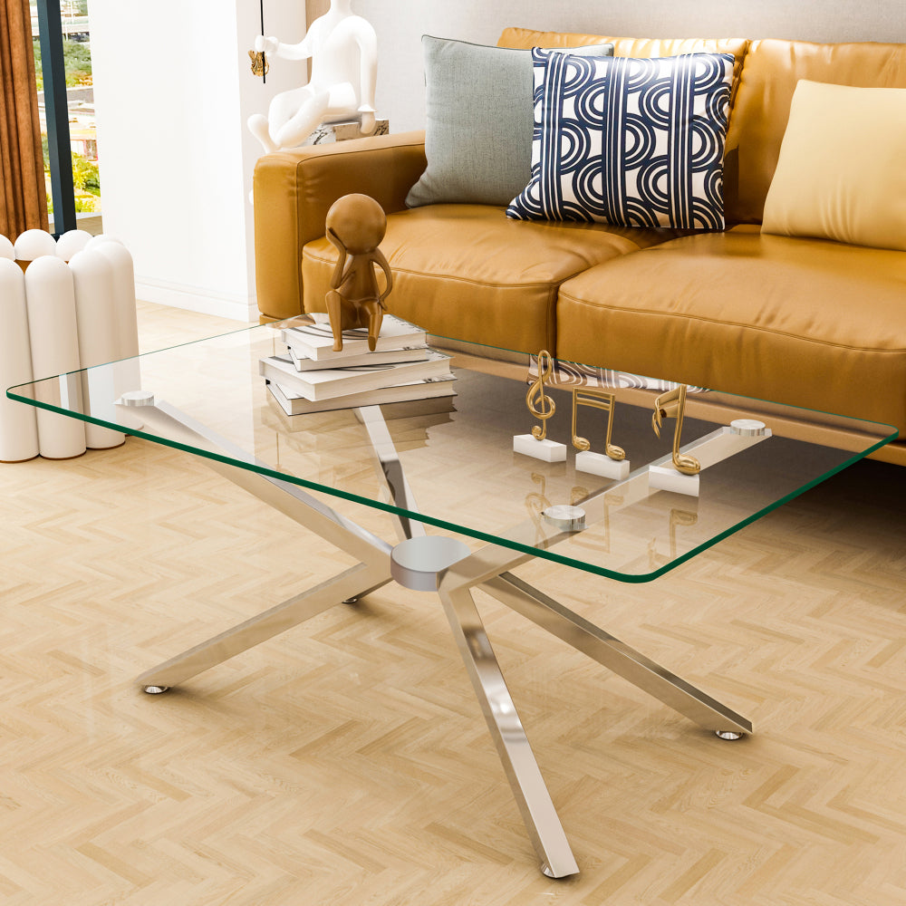 39.37" Rectangular Clear Tempered Glass Coffee Table,Stylish Design with Black Metal Legs, Coffee Table for Living Room