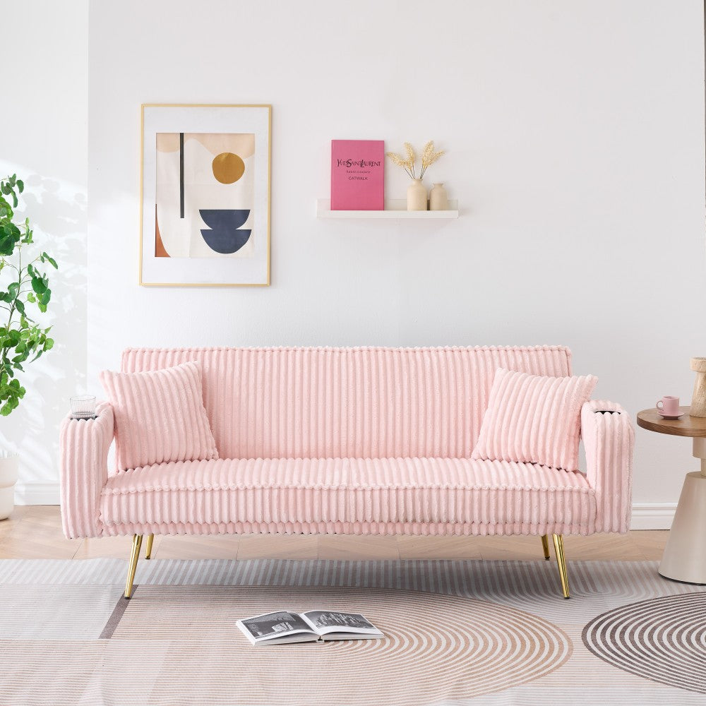 The straight-row white corduroy sofa with throw pillows, featuring a minimalist style, is suitable for the living room and study