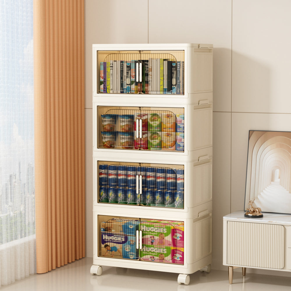 19.69" Side Wide Folding Storage Cabinet ,3 Tiers,19.69"×11.81"×31.1",Collapsible Storage Bins with Magnetic Door, Plastic Storage Cabinet with Wheels, Closet organizers and Storage Containers