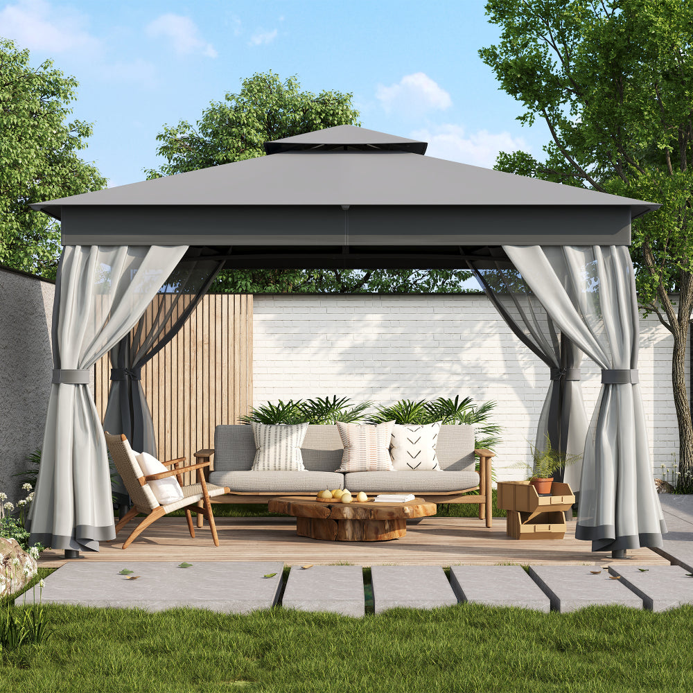 TREXM 10x12 Outdoor Gazebo Tent with Double Roofs, Patio Gazebo with Mosquito Netting, Patio Canopy for Backyard, Garden, Lawn and Deck (Grey)