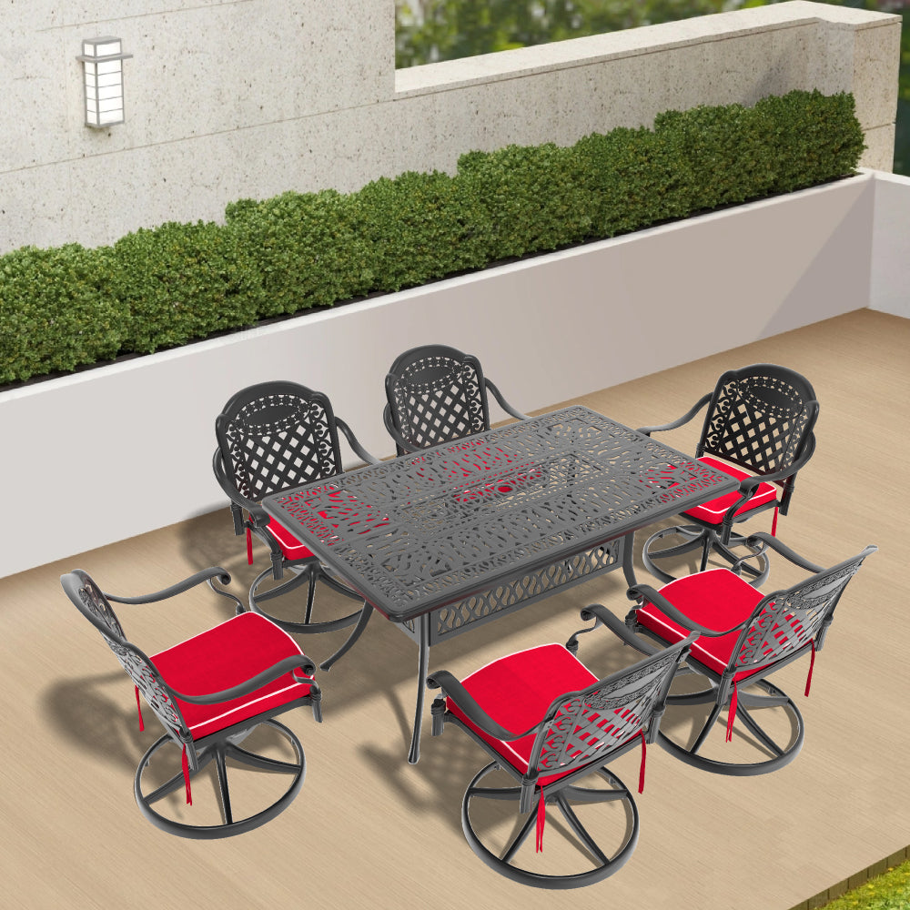 L58.27*W34.65-inch Cast Aluminum Patio Dining Table With Black Frame and Umbrella Hole