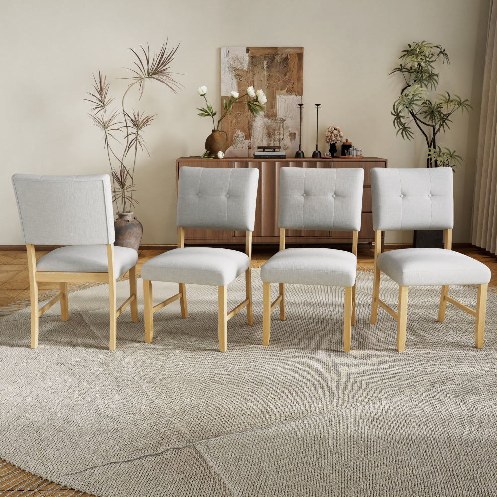 Wooden Dining Chairs Set of 4, Modern Fabric Upholstered Kitchen Side Chairs, Farmhouse Dining Room Chair with Solid Wood Legs and Padded Seat, Beige + Natural Wood Wash