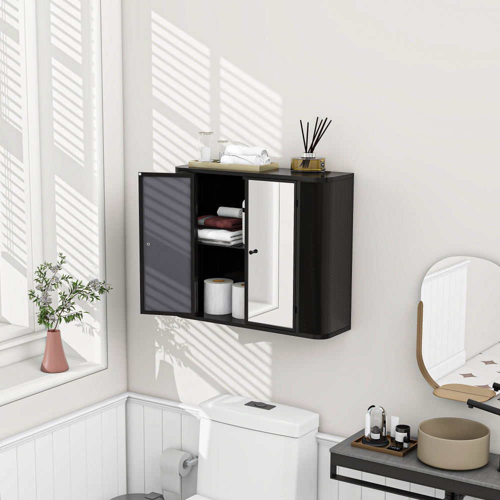 Black Wall-Mounted Bathroom Cabinet with Mirror, 2 Mirrored Doors & Open Shelf, Farmhouse Metal Frame Storage Cabinet with Open Compartment for Vanity, Toilet & Over-the-Sink