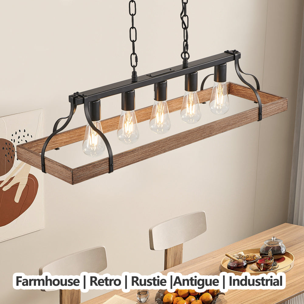 34-Inch Black and Walnut Wood Grain Pendant Light, 5 E26 Bulb Sockets, Adjustable Chain Height – Modern Farmhouse Chandelier for Dining Room, Kitchen, or Living Room (Bulb Not Included)