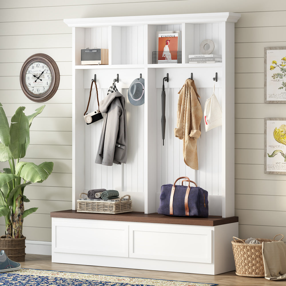 [Assembly Video] Farmhouse 4-in-1 Hall Tree with Wood Grain Bench, Mudroom Versatile Coat Rack with 2 Large Drawer, Entrance Organizer for Hallway, Living Room, White, 55.9"W (Same as N721P205660)