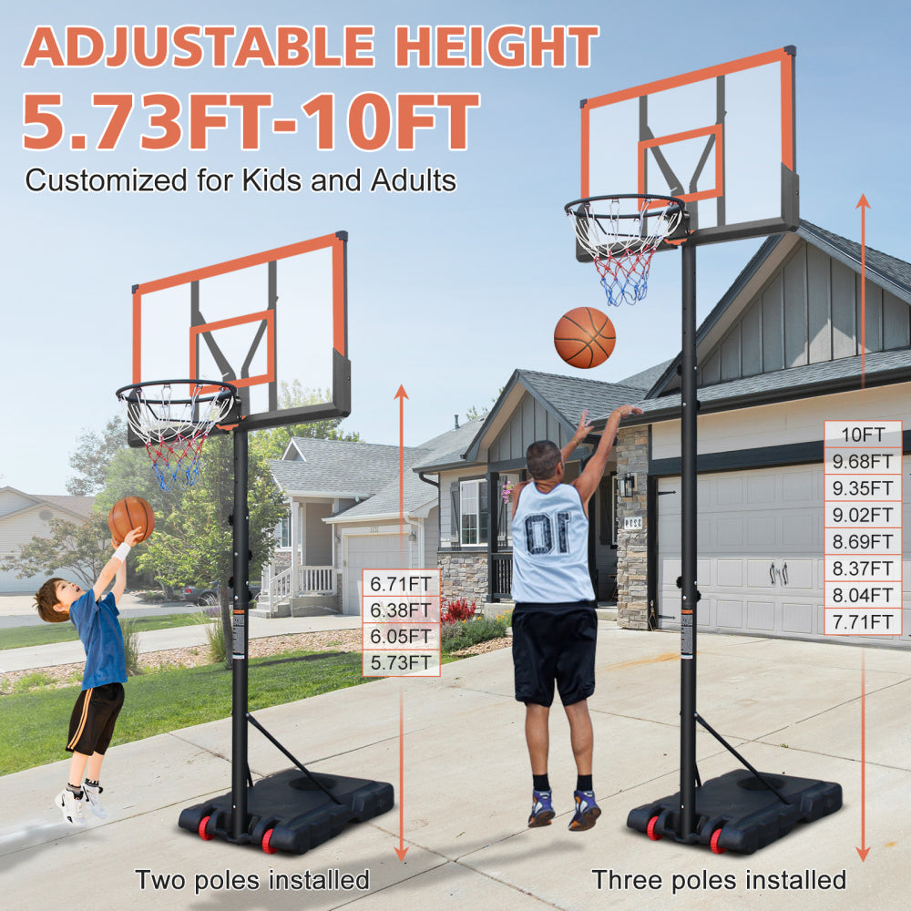 Basketball Hoop 5.73-10FT Height Adjustable Portable Basketball Goal for Indoor Outdoor Basketball Stand 44in Backboard with Wheels Orange