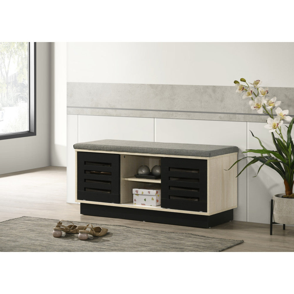 Brett 38.5"W Oak Finish Shoe Cabinet with Sliding Doors, Upholstered Top