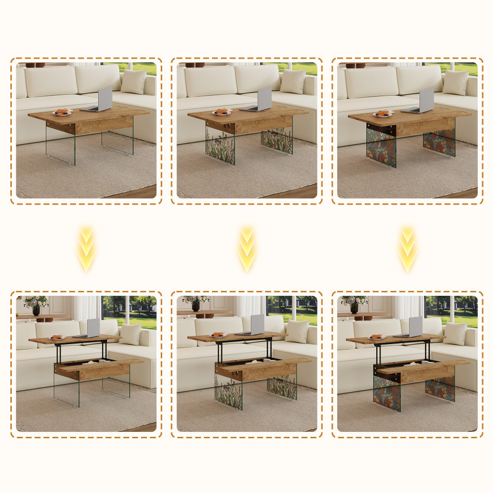 Multifunctional Lift Top Coffee Table -Light Wood Color Grain Sticker, Essential for Modern Homes.Tempered Glass Legs,Lift Top Feature.Perfectly Fitting Into Living Rooms And Office.