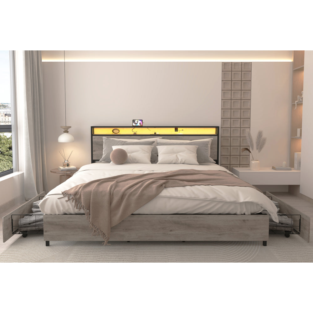 Full Bed Frame, Storage Headboard with Charging Station, Solid and Stable, Noise Free, No Box Spring Needed, Easy Assembly