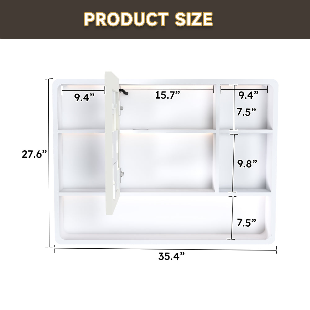 Aluminium Medicine Cabinet Mirror, 35 x 28 Inches Medicine Cabinet with 3 Colors LED Light and Defogging Function, Bathroom Mirror Cabinet with Cosmetic Storage Rack and Hair Dryer Holder, White