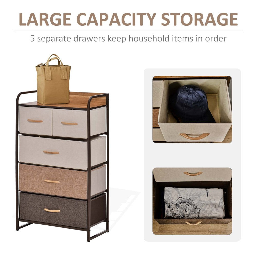 HOMCOM 5-Drawer Dresser, Fabric Drawers, 4-Tier Storage Organizer for Bedroom Entryway, Tower Unit with Steel Frame Wooden Top, Maple Wood