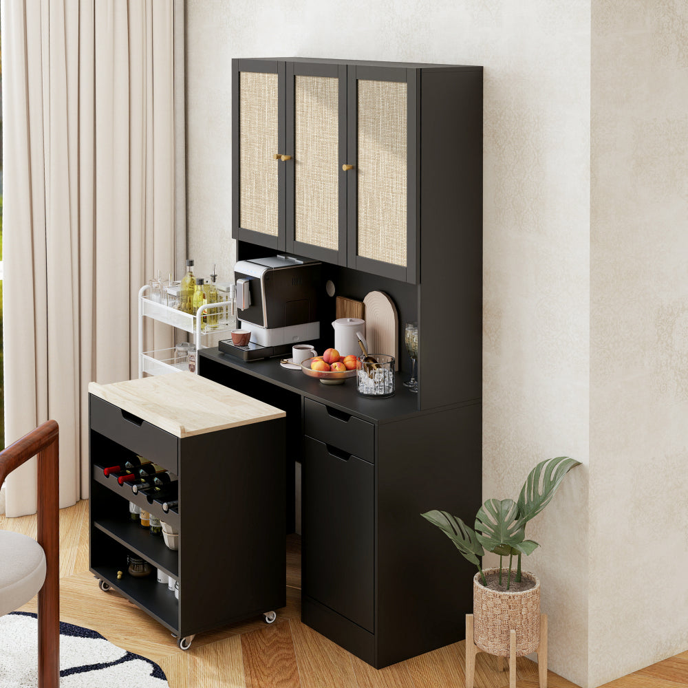 69.29" Kitchen Pantry Storage Cabinet, Modern Buffet Cabinet with Kitchen Cart, Tall Kitchen Hutch Cabinet with Microwave Stand, Food Pantry Cabinet with 3 Rattan Doors and Adjustable Shelves , Black