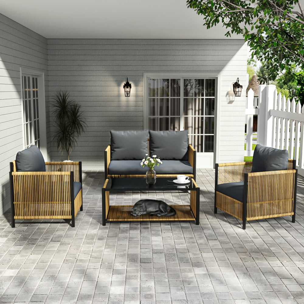 New Comming Outdoor PE Brown Wicker 2seats Sofa with Grey Cushion and Table Set