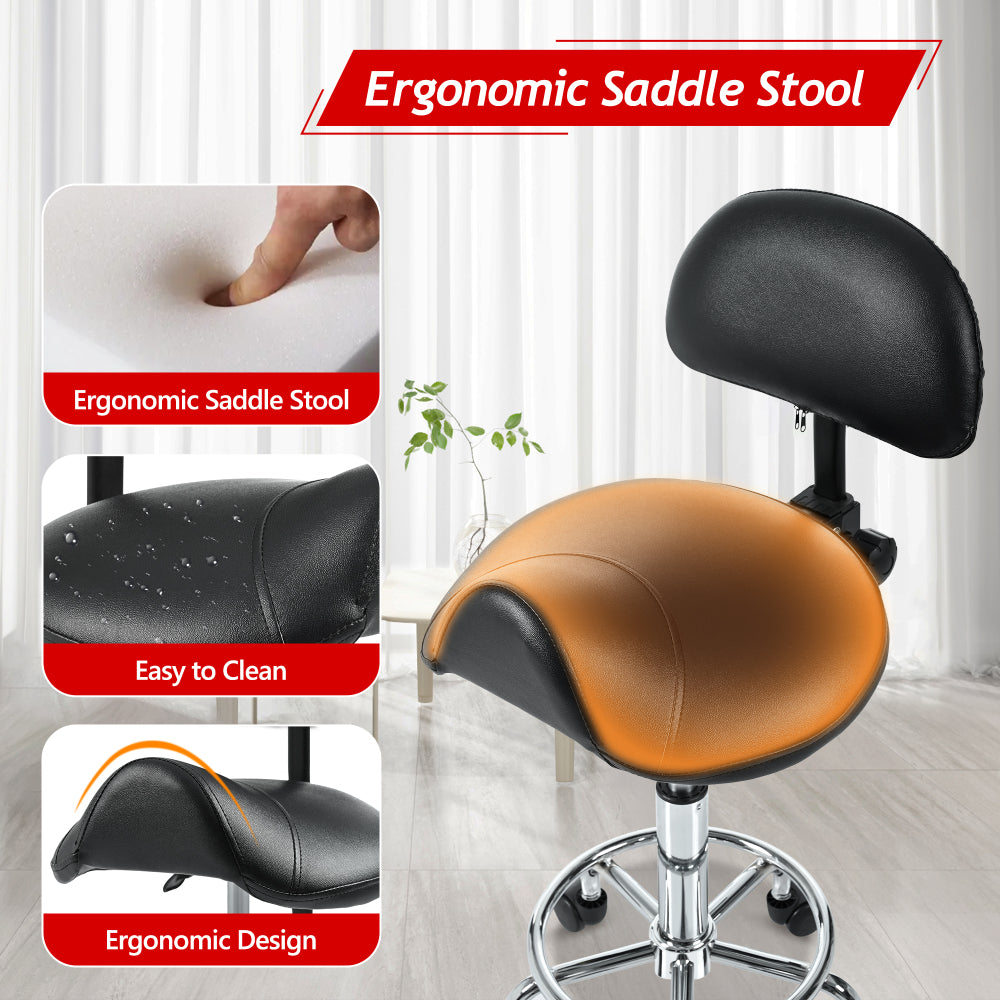 Saddle Stool with Back Support, Rolling Stools with Foot Rest, Ergonomic Adjustable Stool with Wheels, Backrest Adjustable Height & Angle for Salon Spa Tattoo Massage Swivel Stool Chair.(N753P243053B)
