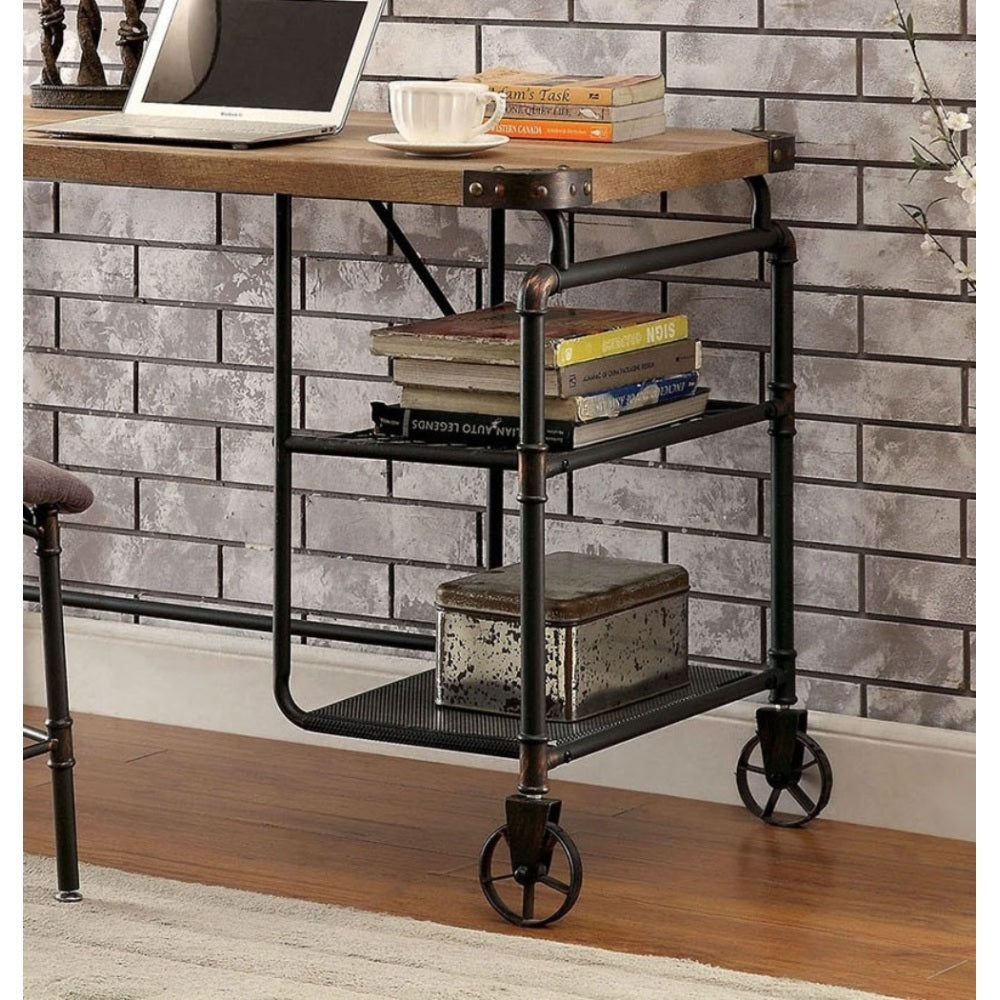 Industrial Inspired Desk With An Antique Black Metal Construction Replicated Wood Top And Caster Wheel Accents