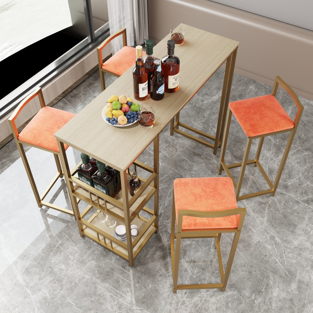 Bar table and chairs three piece set, gold frame, sponge made seat cushions and backrests, bar table with storage function (gold+brown tabletop+blue cushion)