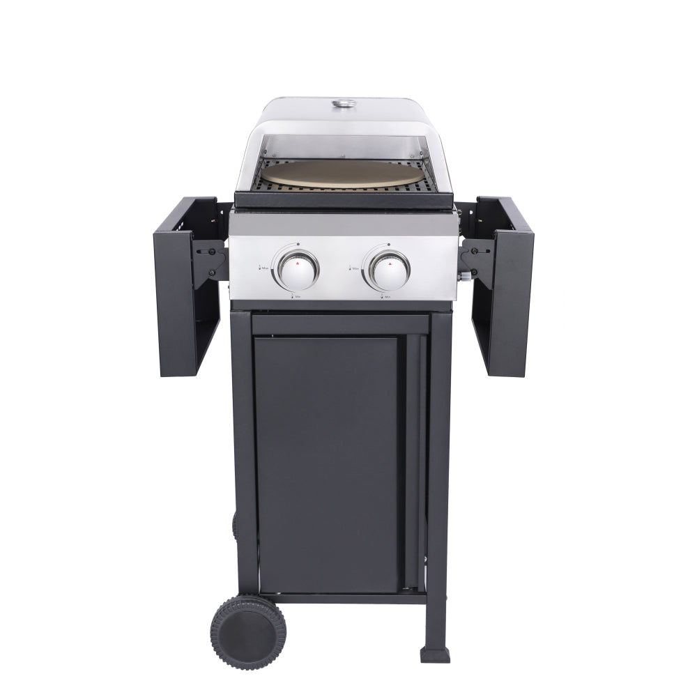 2-Burner Propane Gas BBQ Grill, Pizza Box, 24600BTU Output With Wire Enamel Cooking Grids For Outdoor Barbecue, Foldable Side Table, Hanging Basket, Stainless Steel