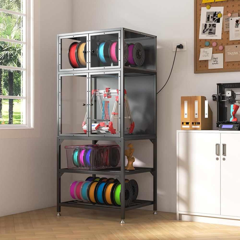 3D Printer Cabinet with Double Layer 3D Printer Filament Storage Rack, T-Shaped Filament Bar & Noise-Reducing, Dust-Proof Design, Suitable for Studio, Office Storage and Organization