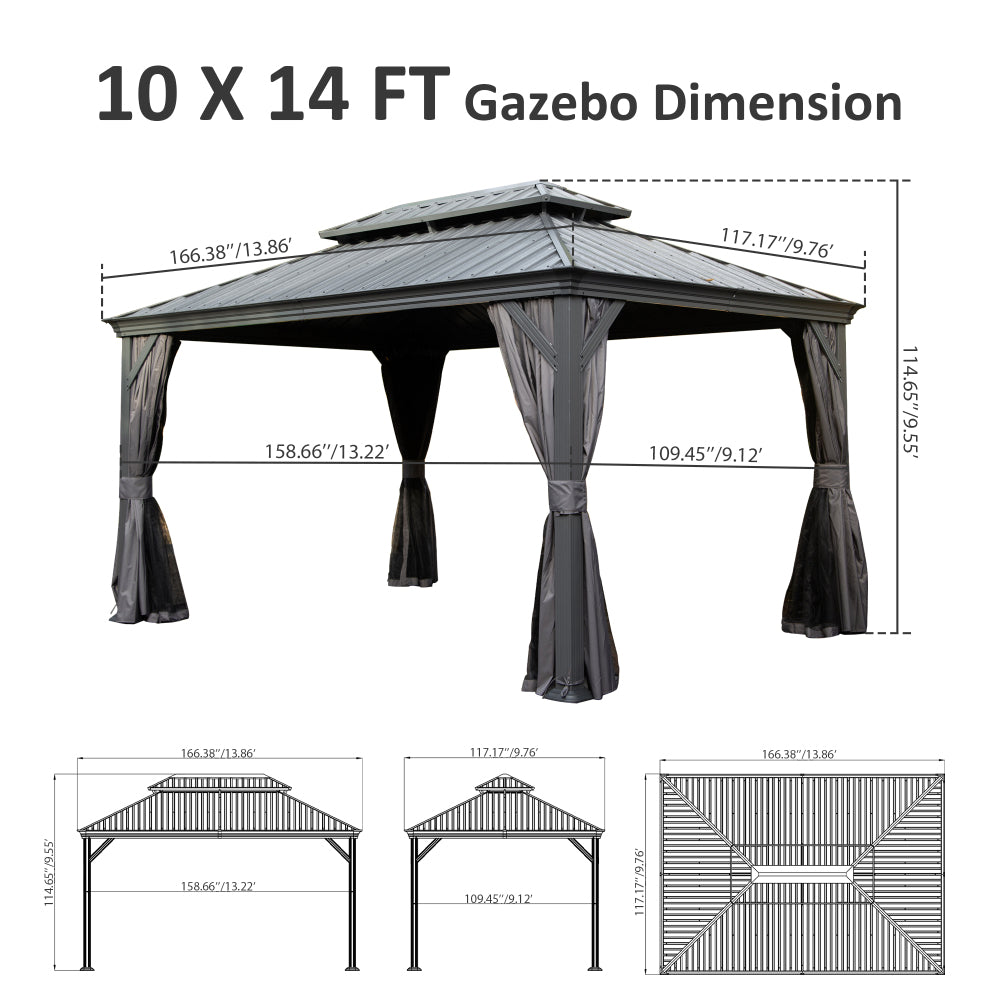 10' X 14' Hardtop Gazebo, Upgraded Metal Gazebo with Drainage System, Dual-Layer Galvanized Steel Roof, Curtain and Netting, Outdoor Shelter Canopy for Patio, Garden, and Backyard, Grey