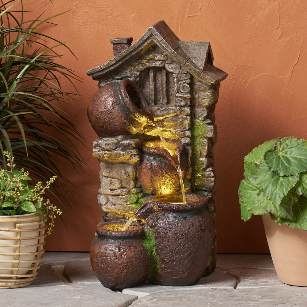 24.75" High CALLAN FOUNTAIN Weather Resistant Floor Fountain with Light, Light Brown + Moss
