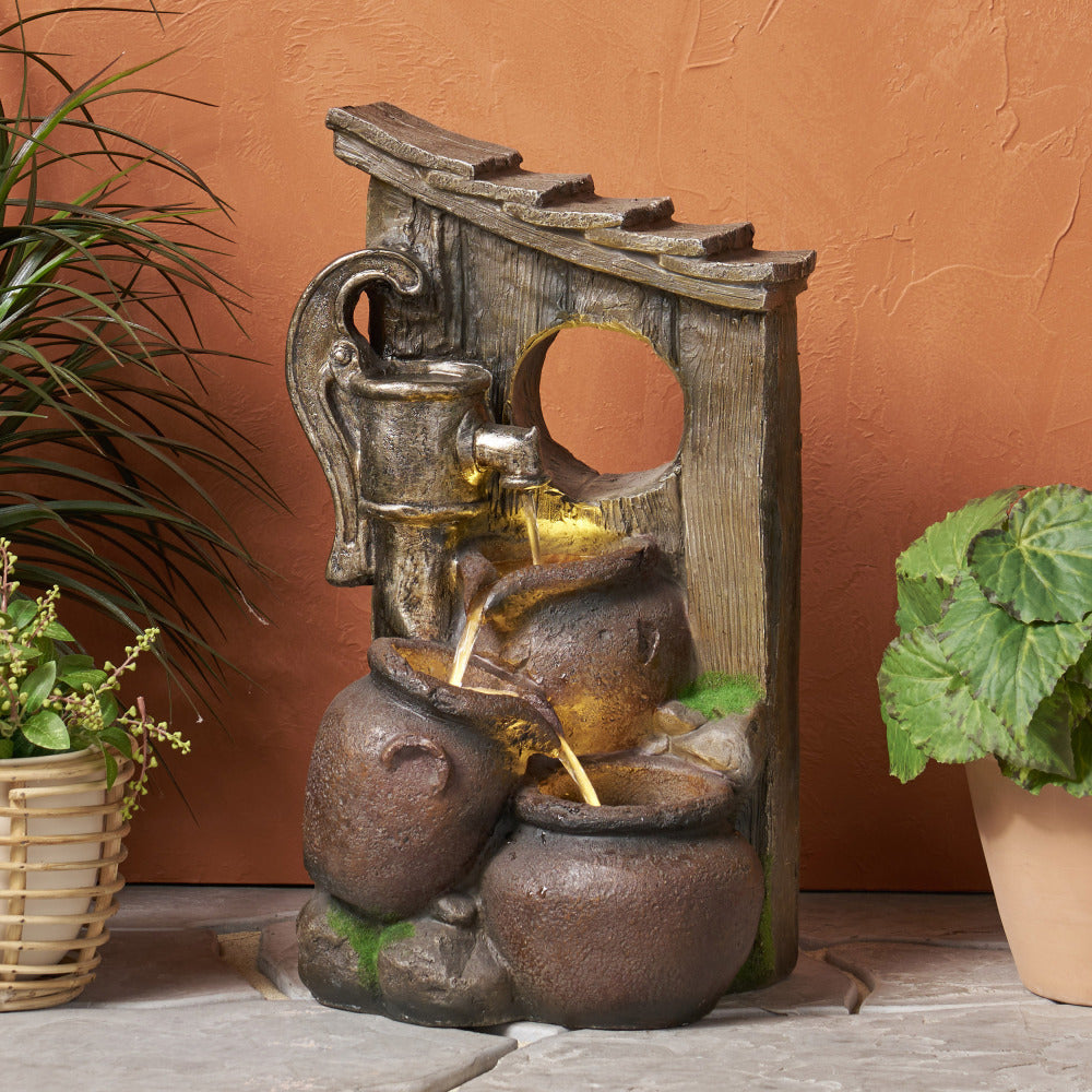 23.25" High ADRIAN 3 TIER FOUNTAIN Outdoor Weather Resistant Floor Fountain with Light, Brown + Gray