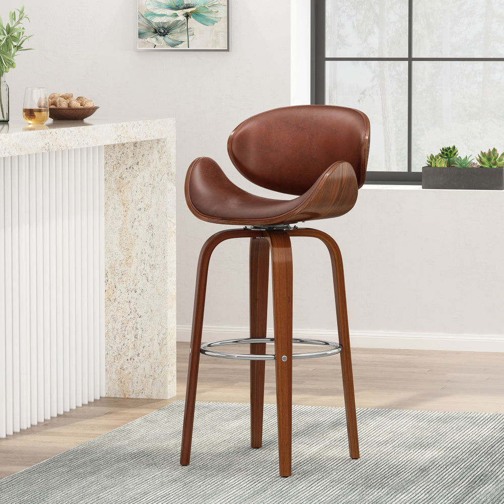 30" Mid-Century Modern Upholstered Swivel Barstool, Midnight Black, Walnut