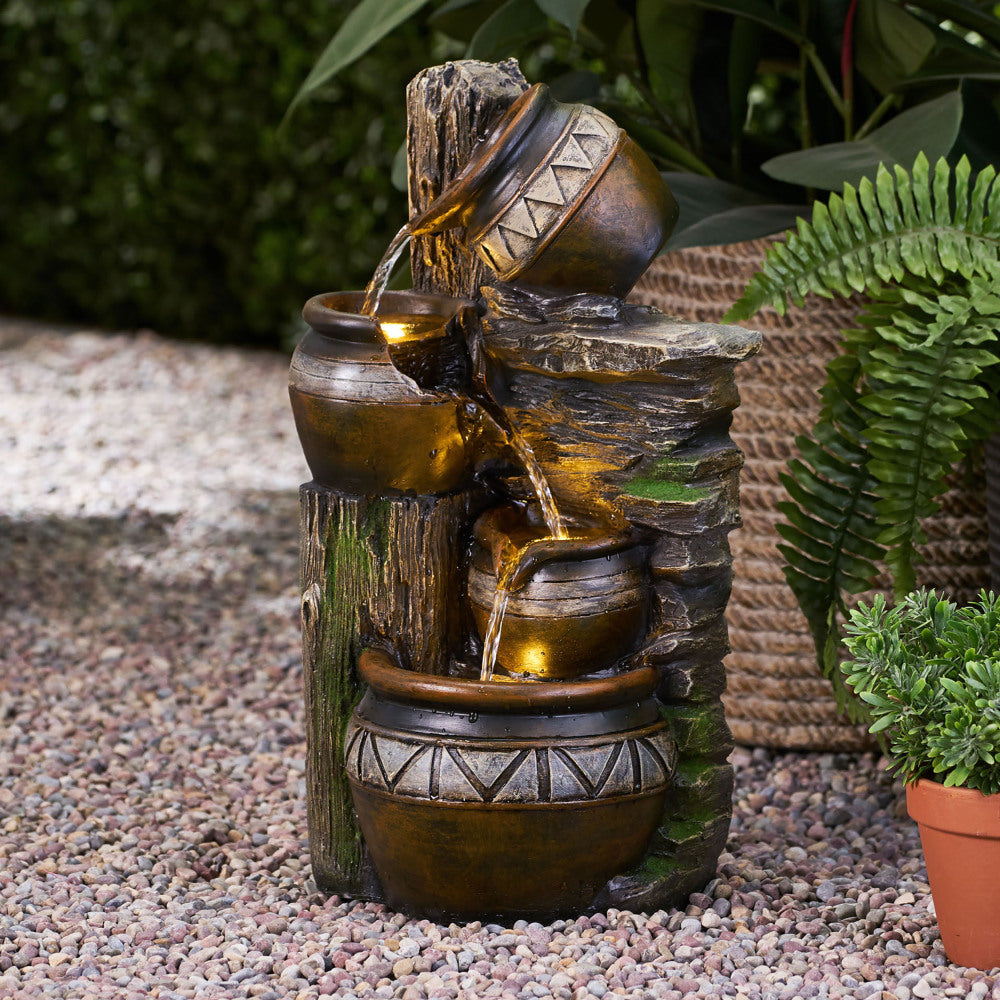19.75" High Weather Resistant Floor Fountain with Light, 3 Tier Outdoor Fountain, Brown + Gray