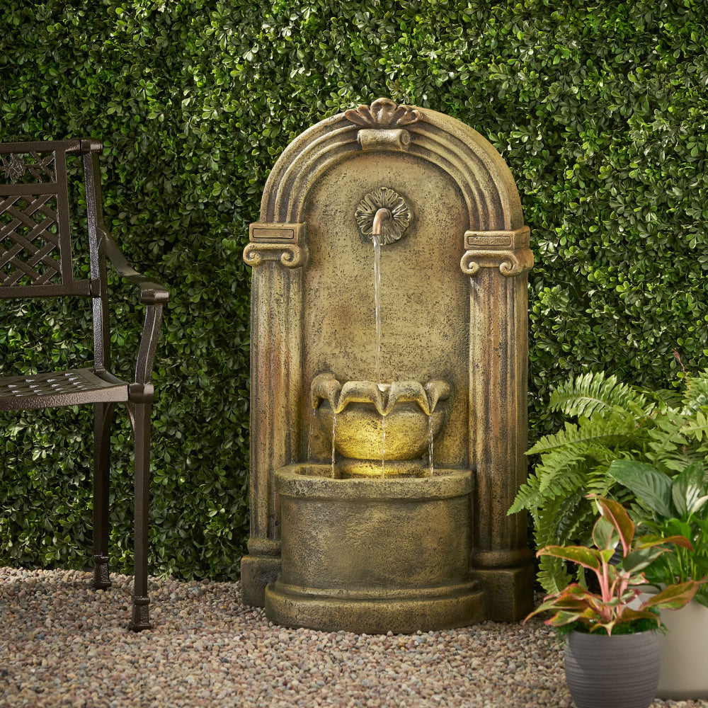 35.25" High Outdoor Weather Resistant Floor Fountain with LED Lights, Light Brown