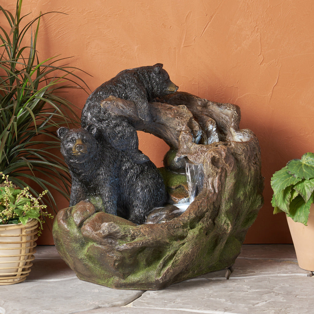 22.0" High DATONA FOUNTAIN Outdoor Weather Resistant Floor Fountain with Light, Light Brown + Black